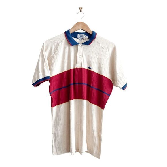 IZOD Lacoste Mens Polo Shirt Short Sleeve Colourblock Cream Red Size Large - Picture 1 of 5